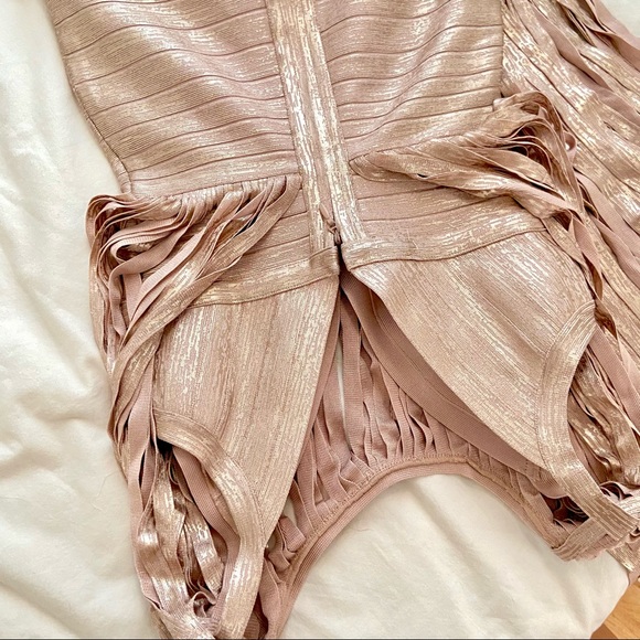 💔SOLD $2,350 Hervé Léger Selena Gold Fringe Gown - Picture 13 of 14